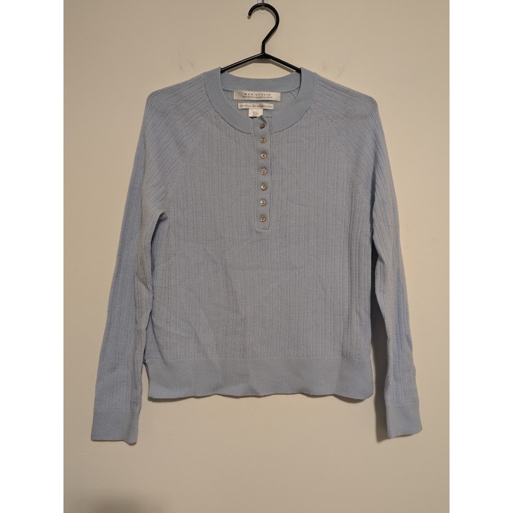 Max Studio Womens Size M 100% Extra Fine Merino Wool Henley Sweater Light Blue